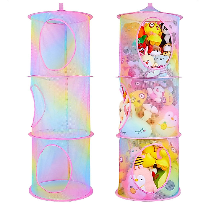 Organizador de Pelúcia em Tela para Pendurar - Três Camadas, Dobrável e em Cores do Arco-Íris