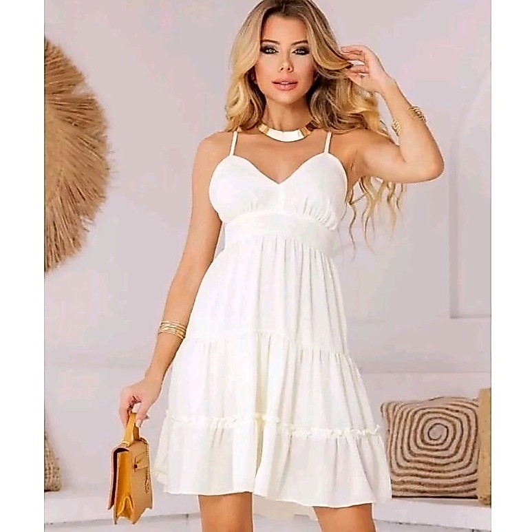 Vestido de Alcinha Soltinho Babado Alça Regulável Amarração Nas Costas Sem Bojo Tecido Crepe Duna Viscolinho