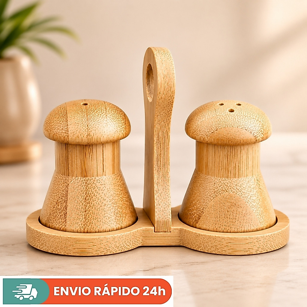 Kit Saleiro e Pimenteiro de Mesa em Bambu – Porta Temperos Moderno Elegante para Cozinha Farmhouse