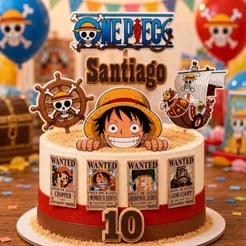 Topo de Bolo Nome e idade 3D em Camadas ou Simples One Piece Pirata Personalizado | Decoração de Aniversário Infantil