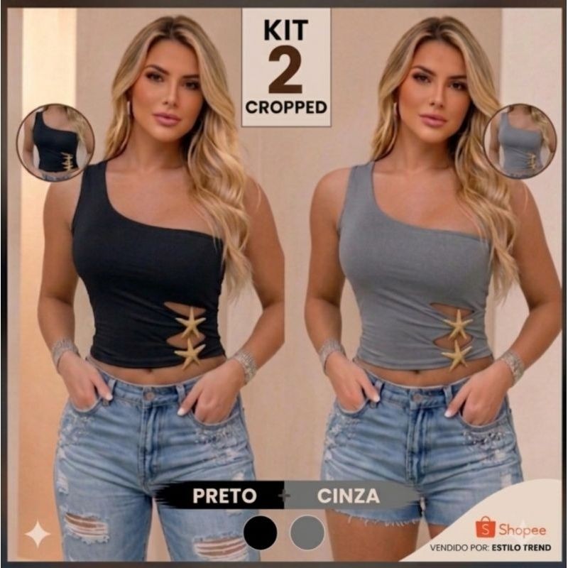 kit 2 blusas cropped feminina forrada no suplex com detalhes em fivelas de estrelas sofisticada elegânte tendencia verâo