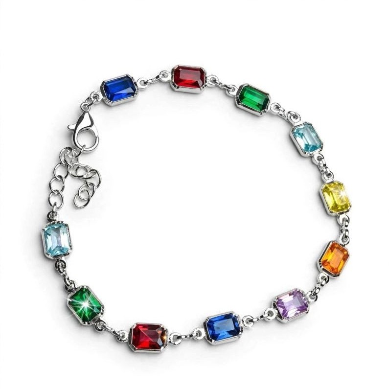 Pulseira Cristais Coloridos Arco-Íris Dourada Prata - Riviera Luxo Ajustável