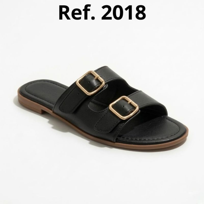 Sandália Slide Feminina Bege Duas Fivelas Douradas Estilo Minimalista Verão