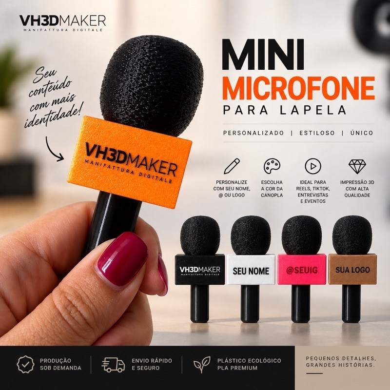 Mini Microfone Personalizado para Lapela | Canopla para Reels, TikTok e Entrevistas | Nome ou Logo