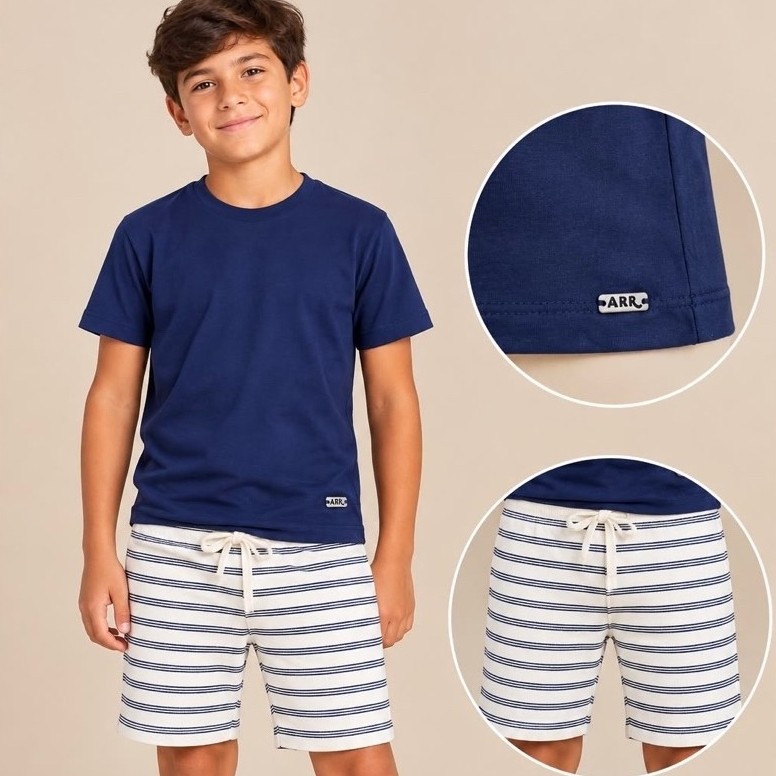Conjunto Infantil Menino Camiseta e Bermuda Listrada Azul