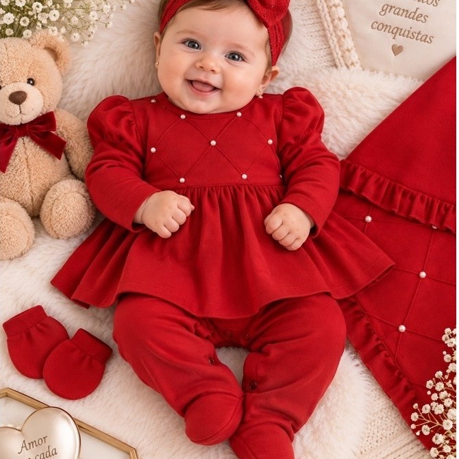 Saida De Maternidade Para Bebê Menina Vermelha Natal Luxo Antonella 100% Algodão - 04 peças