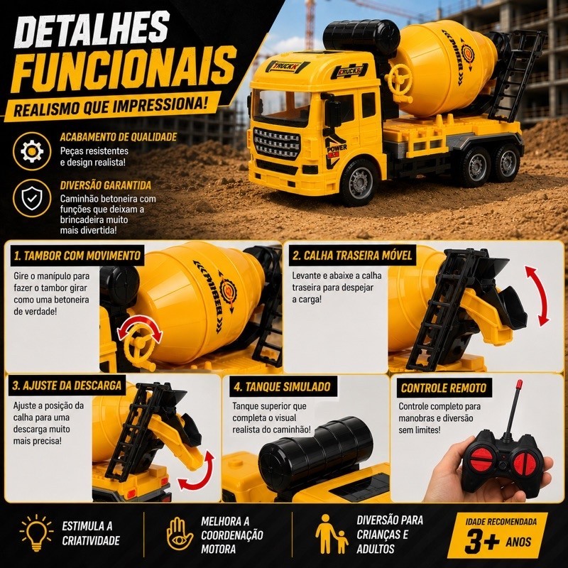 Caminhão Truck Obras Construção Controle Remoto Caçamba Escavadeira Guincho Água Betoneira — imagem 2 de 2