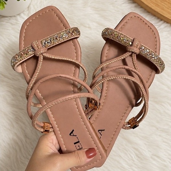Rasteira sandália feminina Glam nude luxo dia a dia tendencia moderna ajustável confortável delicada leve qualidade