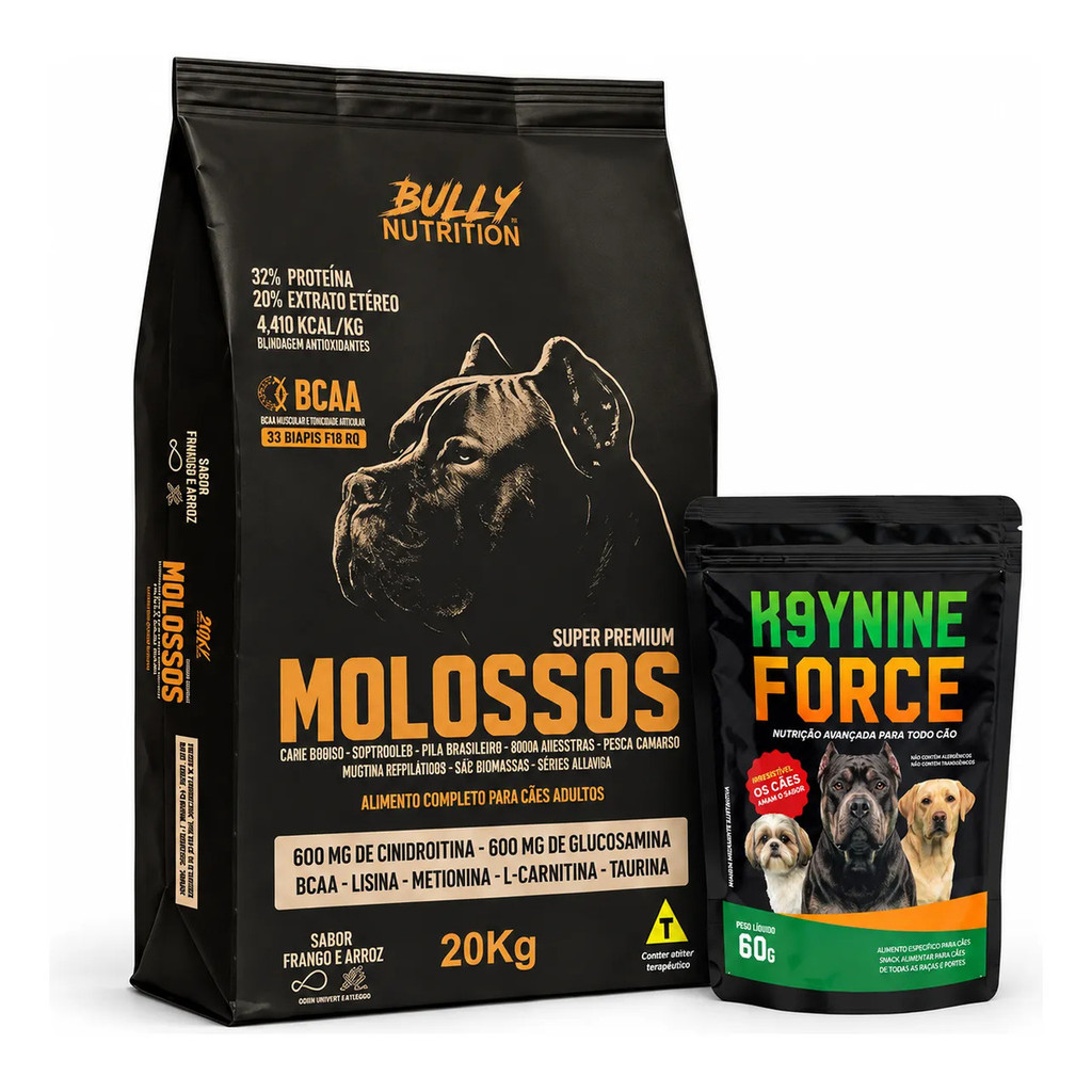 Ração Molossos 20kg Alta Performance 4.410kcal Cães Grandes + Snack Moringa Dog 60g