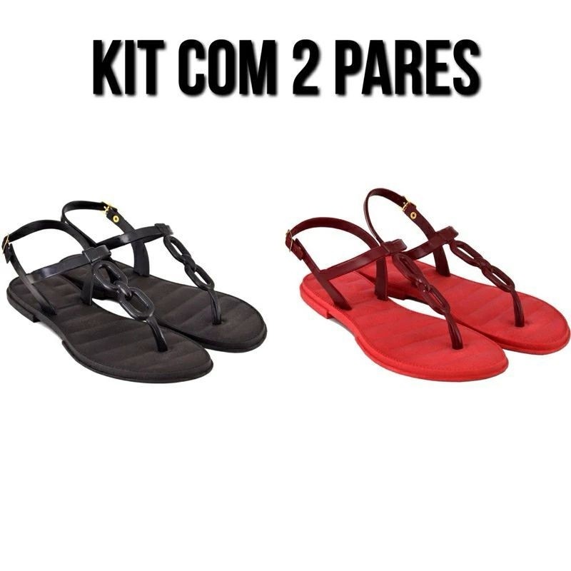 kit com 2 pares  sandalia rasteira de corrente feminina leve e confortável