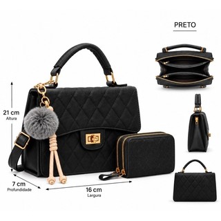 Bolsa Feminina Matelassê Transversal com Alça de Mão + Carteira Dupla Zíper Kit 2 Peças Elegante