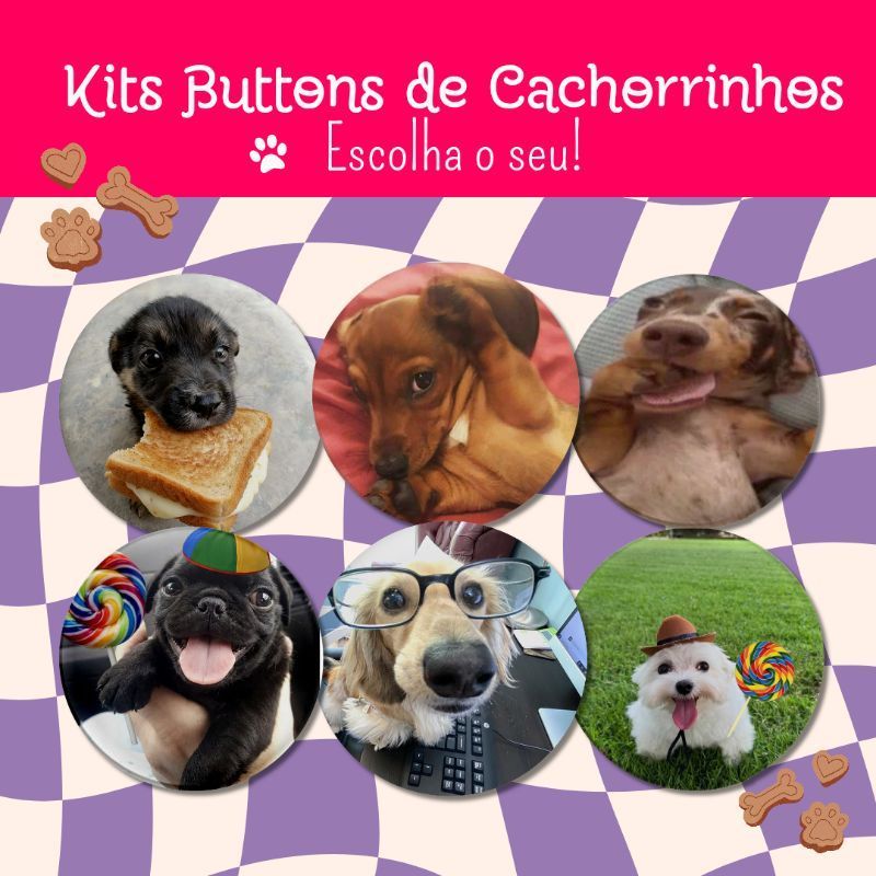 Kit 3 Buttons de Cachorrinhos com 4,5cm botton boton broche cachorro dog pirulito bobo brincando salsicha golden neném