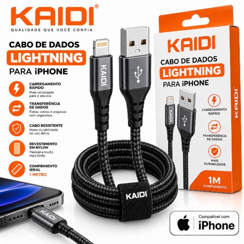 Cabo de Dados KAIIDI Lightning para iPhone 1M Carregamento Rápido Resistente Revestimento em Nylon