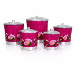 Kit 5 Potes de Alumínio para Mantimentos | Latas Decoradas Para Cozinha | Porta Arroz Feijão Café Açúcar Farinha