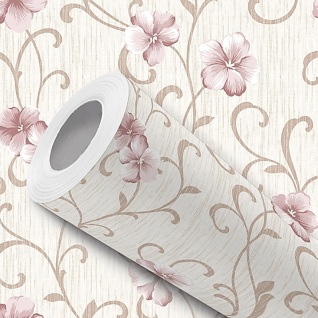 Papel de Parede Vinílico Efeito Linho Bege Flor Rosa Adesivo Resistente