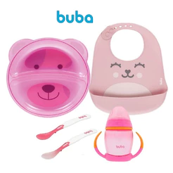 Kit Refeição/Introdução Alimentar bebê Buba (prato divisória, babador pega migalhas Gumy, 2 colheres termossensíveis, copo com alça removível rosa