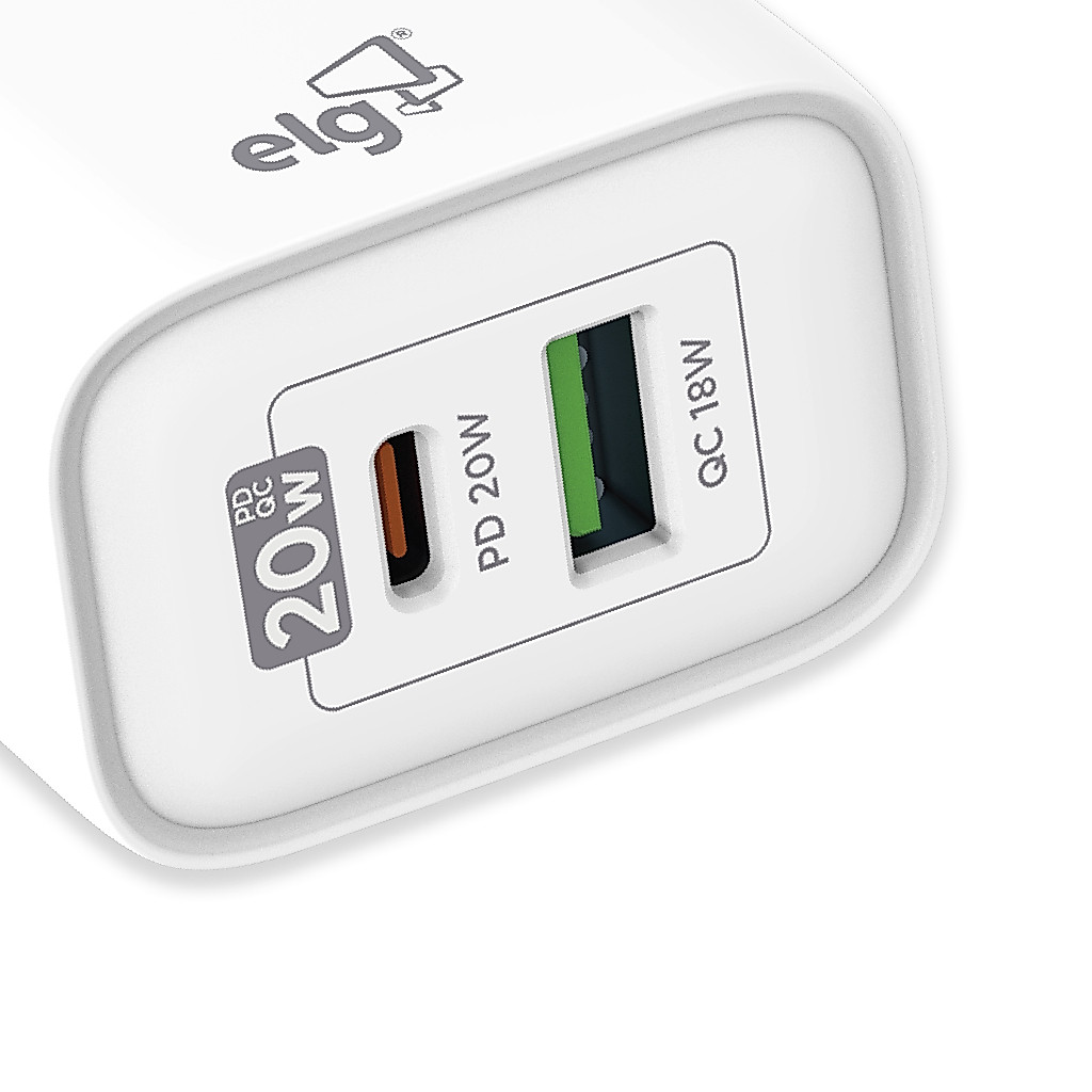 Carregador Universal, USB-C PD 3.0A + USB-A QC 3.0 18W, Carga Rápida, Branco, WC2S-PDQC, ELG