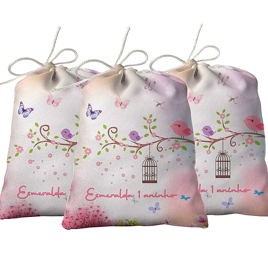 Sacolinha Lembrancinha Festa Aniversário Surpresa Tecido Personalizado Jardim Encantado Aquarela