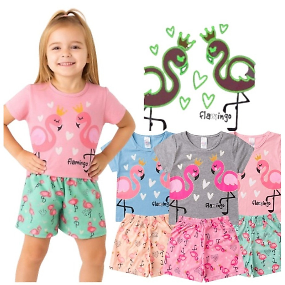 Pijama Infantil Feminino Brilha No Escuro Verão Flamingo Hey Kids Conjunto Blusa e Shorts Algodão