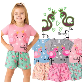Pijama Infantil Feminino Brilha No Escuro Verão Flamingo Hey Kids Conjunto Blusa e Shorts Algodão