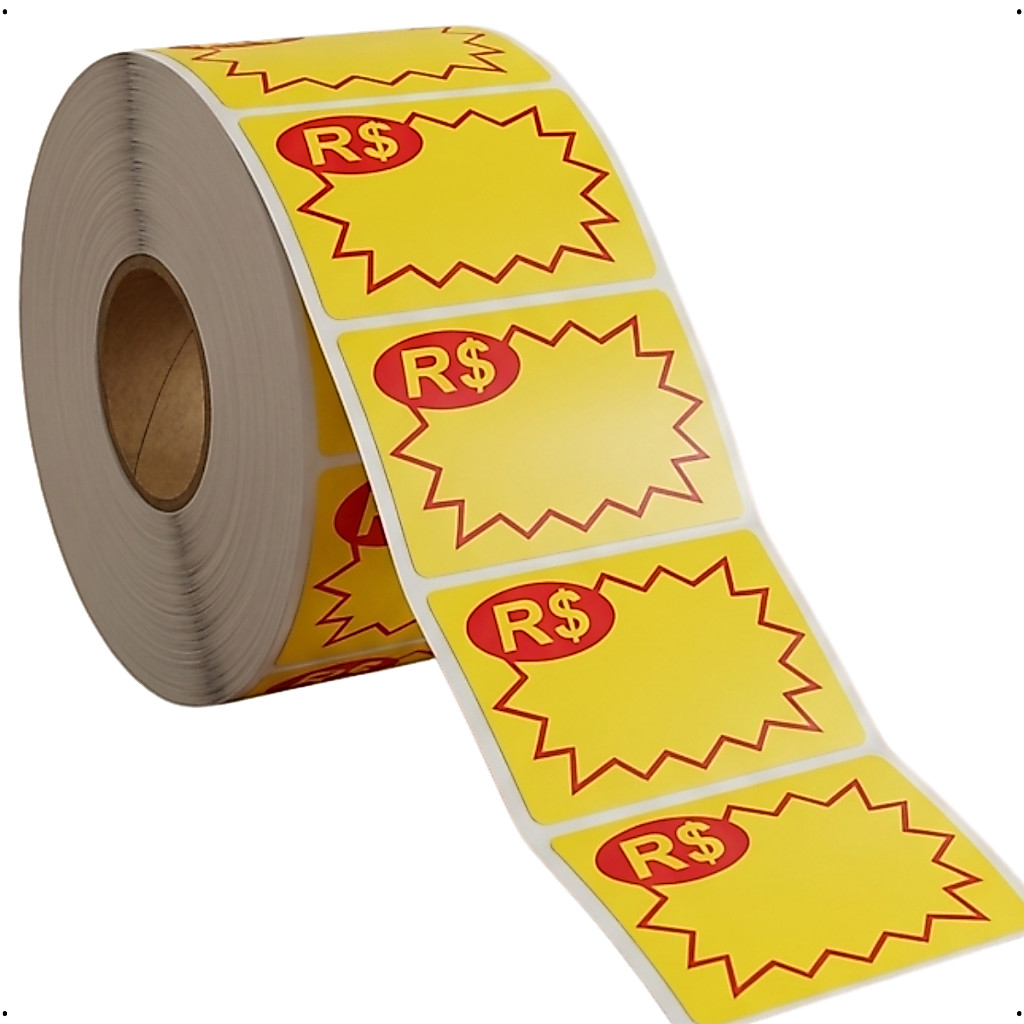 Etiqueta Adesiva de Oferta Splash para preço - "R$" - 60x40 OU 50X30mm amarela c/ vermelha promoção