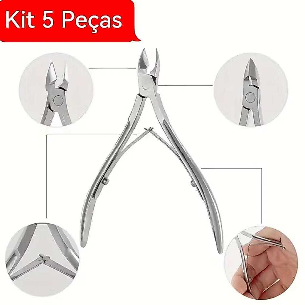 Kit 5 Alicate de Aco Removedor de Cutícula Cortador de Pele Unhas Ferramenta de Manicure