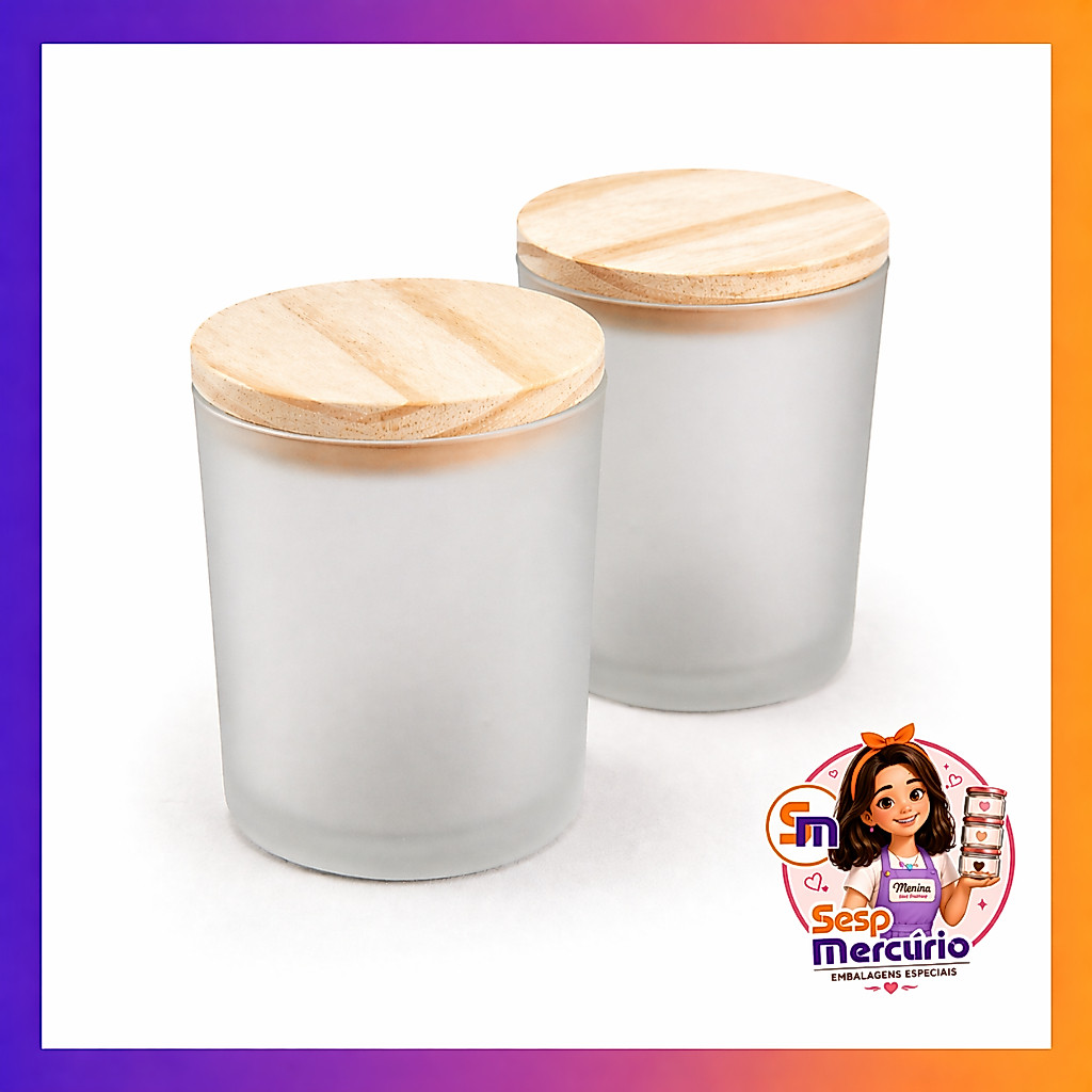 Kit 20 Potes de Vidro Jateado Fosco 70ml Tampa de Madeira Velas Artesanais Aromaticas Lembrancinhas