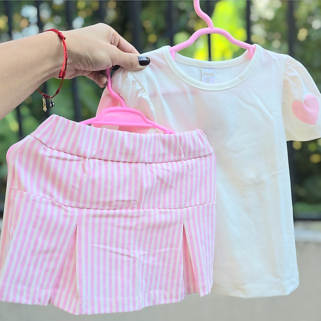 Conjunto Infantil Feminino Corações Rosa Blusa Algodão + Shorts Saia Listrado Menina 2 ao 6