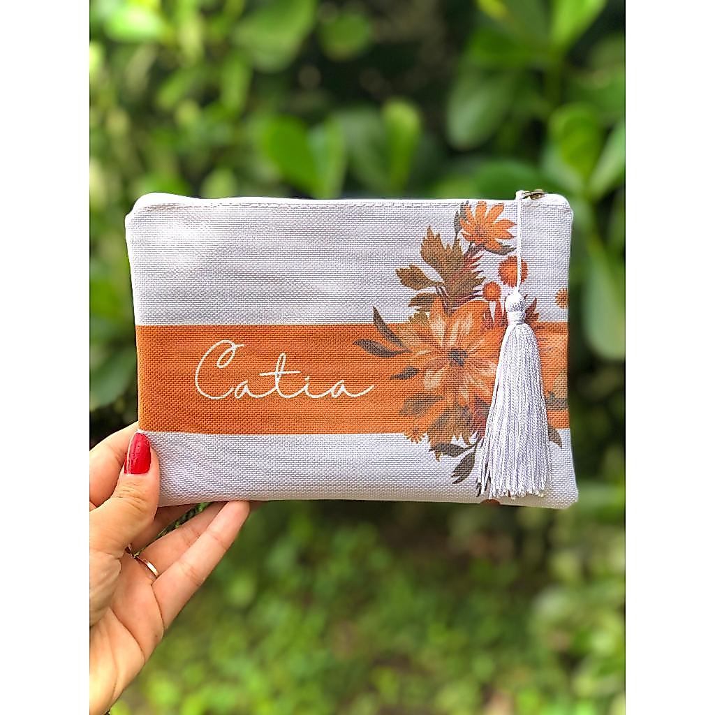 kit c/ 10 unid necessaire bolsinha personalizada com nome floral terracota | lembrancinha madrinhas casamento, daminhas