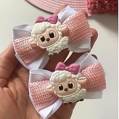 Par de Laços Infantil Ovelhinha Rosa Luxo No Bico de Pato Pascoa