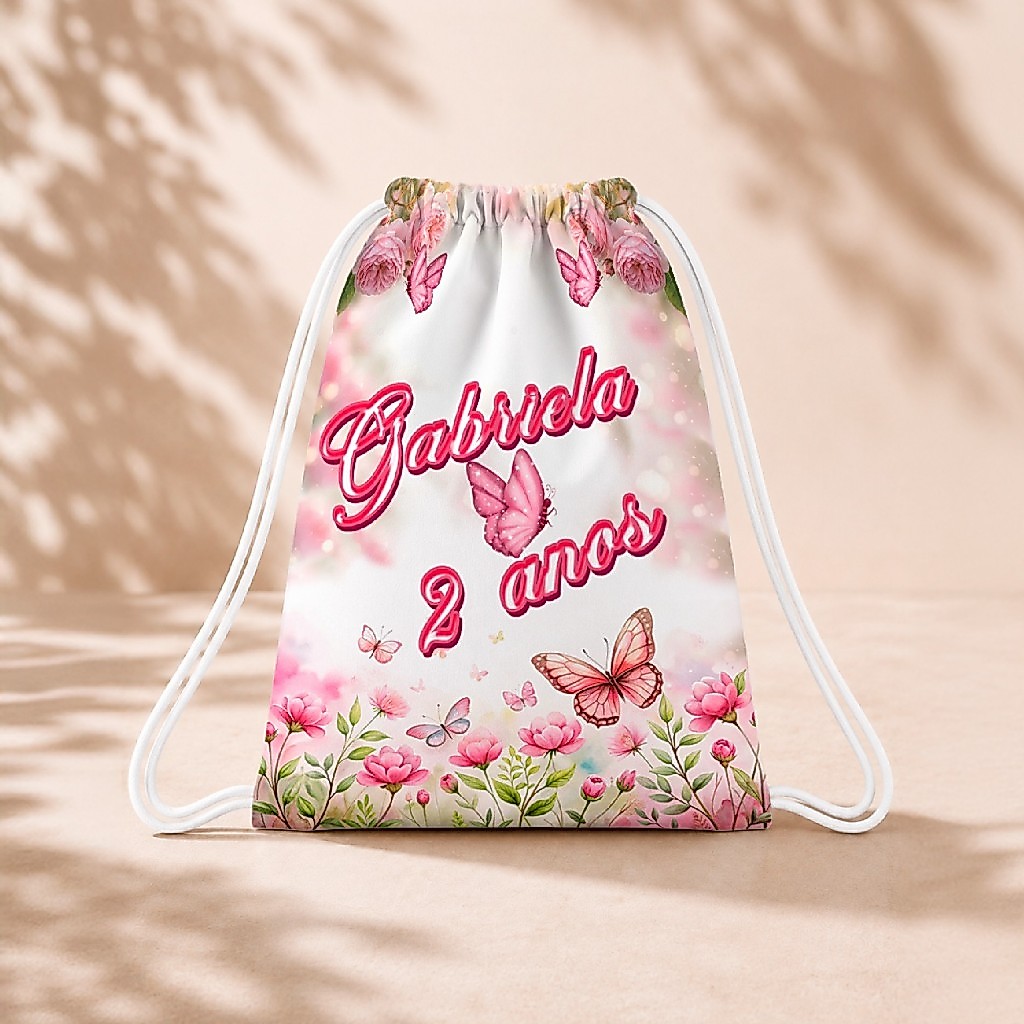 10 Mochila Personalizada Infantil 18x26 Sacolinhas Surpresa Festa Aniversário Lembrancinha Borboleta Rosa M3
