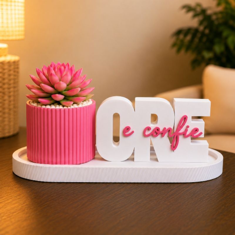 Kit Decorativo Ore e Confie com Vaso Suculenta e Bandeja Decoração Religiosa Presente de Fé