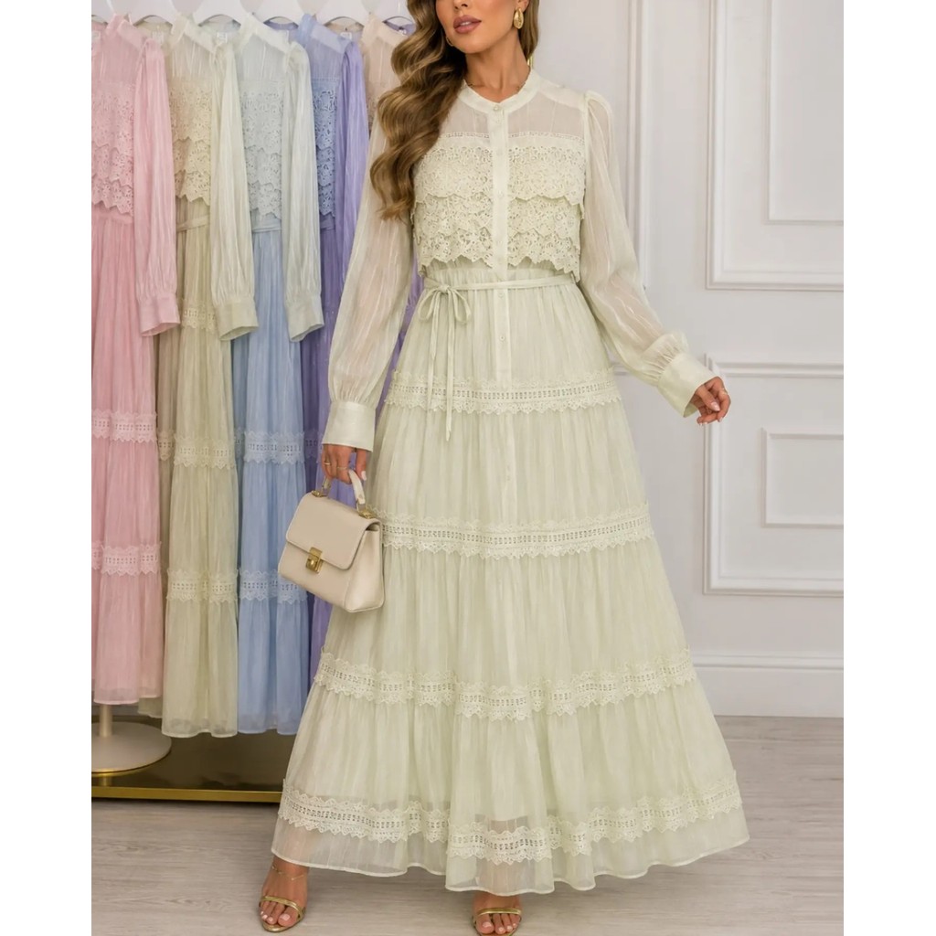 Vestido Longo Feminino Manga Longa com Ripie e Lese | Botões Frontais | Faixa na Cintura | Forrado e Estruturado