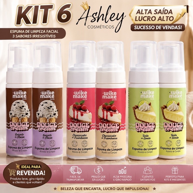 Kit 6 Espuma de Limpeza Rosto e Corpo 100ml Wike Make – 3 Aromas – Atacado Revenda Alta Saída