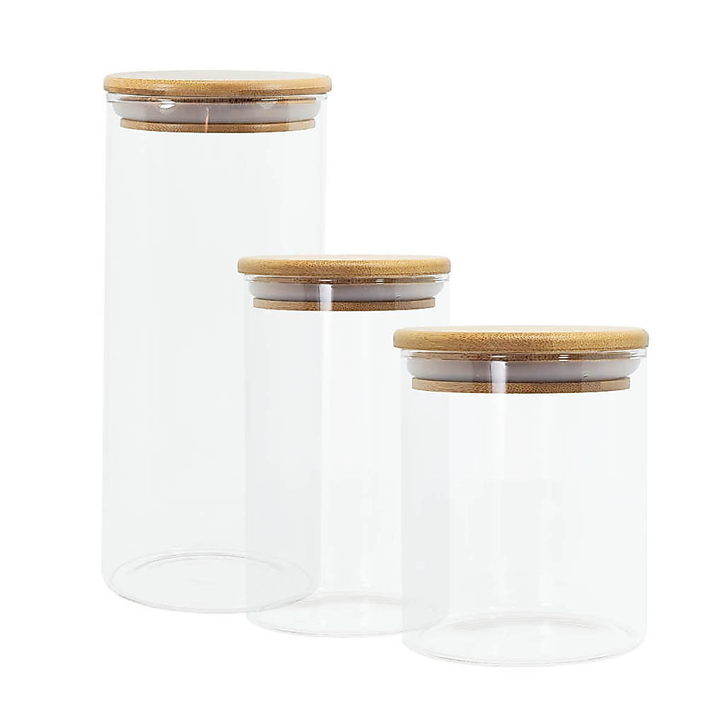 Potes de Vidro P/ Mantimentos C/ Tampa Bambu Oikos - 3 Pçs