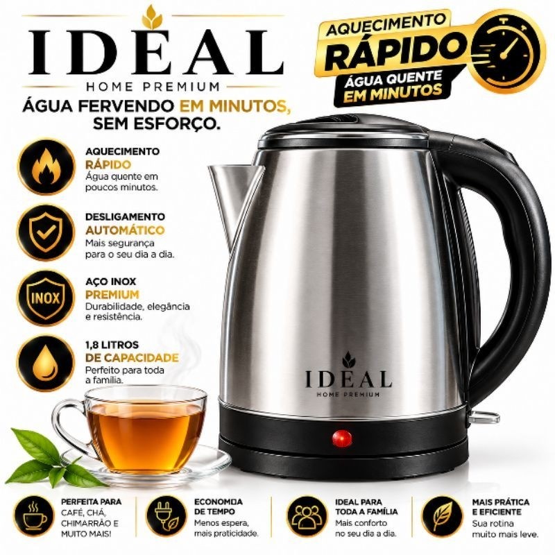 Chaleira Elétrica Inox 1,8L 1000W Desligamento Automático Aquecimento Rápido