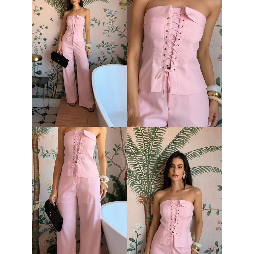 Conjunto Feminino Alfaiataria Rosa Bebê - Top Corset Tomara Que Caia Com Ilhós e Amarração + Calça Pantalona Reta Tendên