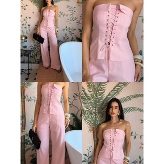 Conjunto Feminino Alfaiataria Rosa Bebê - Top Corset Tomara Que Caia Com Ilhós e Amarração + Calça Pantalona Reta Tendên