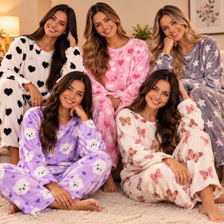 Pijama Feminino Completo Estampado Soft Fleece – P ao GG (Estampa Aleatória)