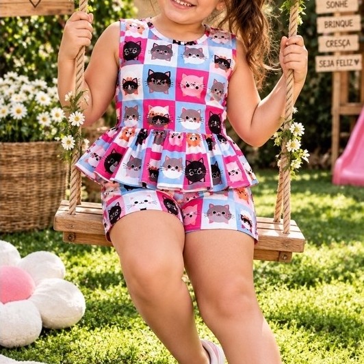 Conjunto Infantil Feminino Verão Menina Short e Blusa Estampado Tecido Fresco Alta Durabilidade 2 ao 10, criança