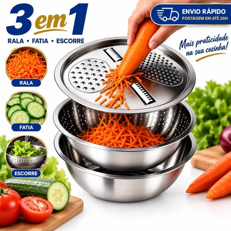 Tigela 3 em 1 Ralador Fatiador Escorredor Inox para Legumes e Queijo