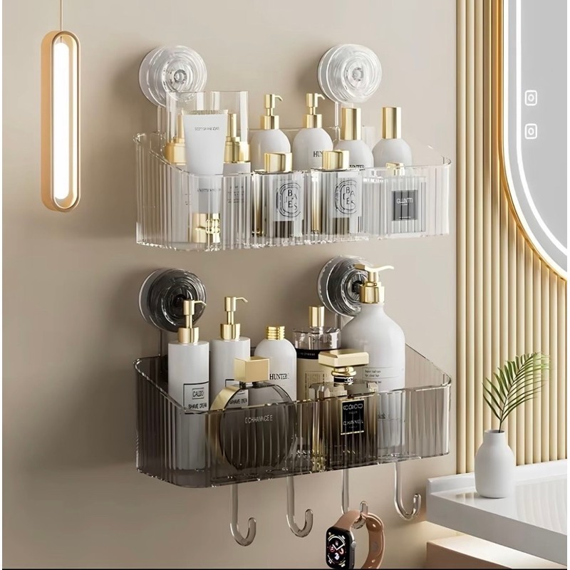 Prateleira de Parede c/Ventosas,elegante S/furos adesiva -suporte Organizador Acrílico para Porta Shampoo p/Banheiro