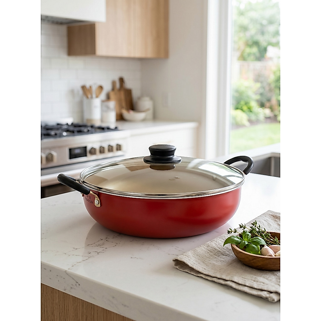 Caçarola Wok Antiaderente Nº 28 4,5L Com Tampa De Vidro Vermelha