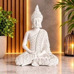 Buda Decorativo 22cm em Gesso Branco – Sala, Quarto e Escritório