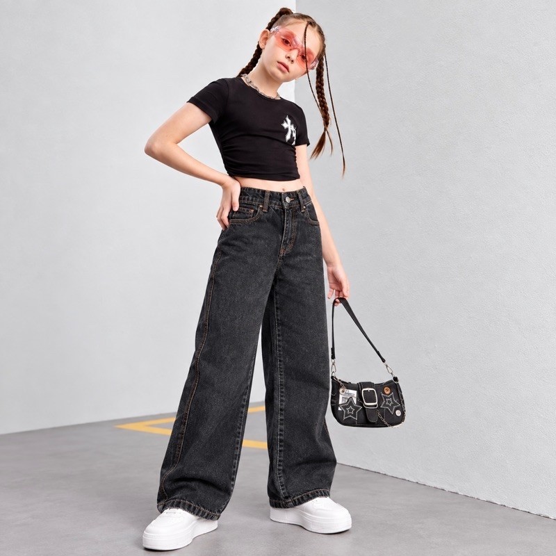 Calça Jeans Wide Leg Infantil Feminina Grafite Cintura Alta com Regulador Interno 6 a 16 Anos — imagem 2 de 2
