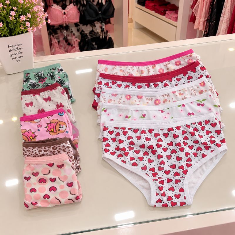 “Kit 10 Calcinhas Infantil  Menina Cotton Algodão P ao GG Confortável  Cores Variadas