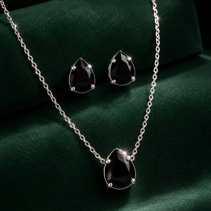 Conjunto Brinco e Colar Gota Preta em Prata 925