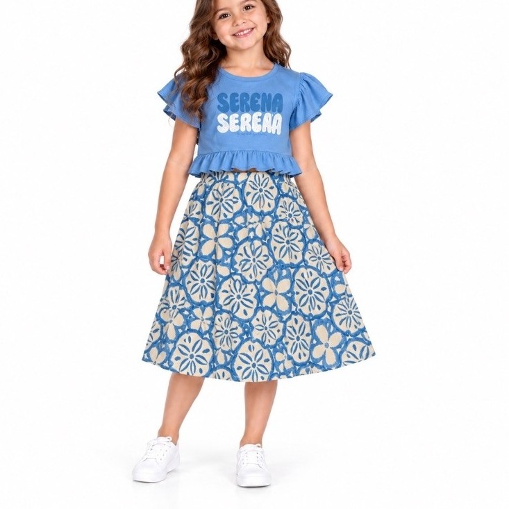 Conjunto Infantil Feminino Fakini Tamanho 10 Saia Midi Estampada e Cropped Azul Serena