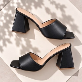 Tamanco Feminino Salto Bloco Grosso Bico Quadrado Tira Larga Elegante Moderno Confortável Casual Festa