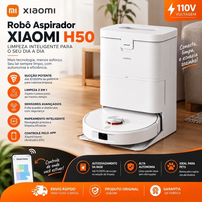 Robô Aspirador Xiaomi H50 220/110V Limpeza 2 em 1 com Base de Autoesvaziamento
